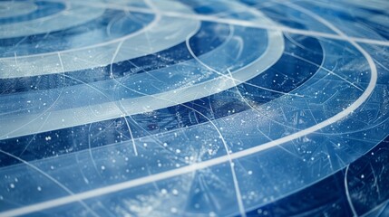 Fototapeta premium The intricate pattern of curved lines and circles in the ice marking the placement for faceoffs and goal creases highlighting the strategic nature of the game.