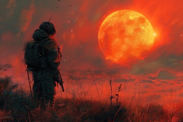 Energy pulse weapon ready, soldier on lookout, otherworldly planet, dusk, vivid landscape, close-up