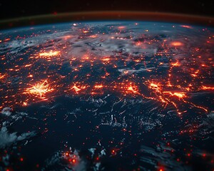 Global networks illuminated, red digital paths, dark earth, vibrant colors, sharp focushigh detailed