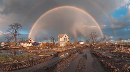 A bright rainbow appears in the sky bringing a glimmer of hope to the town as it begins to rebuild after the devastating tornado.