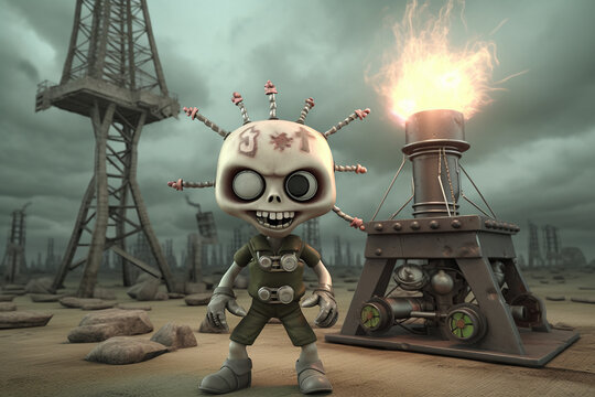 Playful 3D cartoon render, kid in gas mask, amidst a nuclear blast, mushroom cloud, stormy sky,