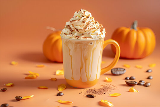 A mug of spicy pumpkin latte with whipped cream. A cup of pumpkin coffee on the  pastel yellow orange background. Autumn winter seasonal coffee drink with pumpkin and cinnamon.