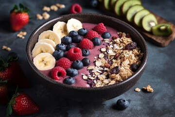 Smoothie bowl with fresh berries, nuts, seeds and homemade granola for healthy vegan vegetarian diet breakfast	