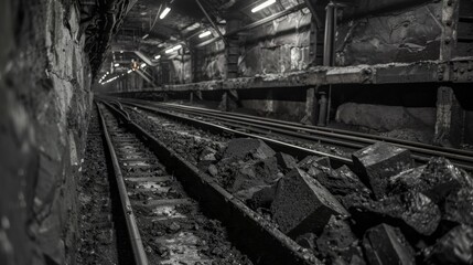 Massive chunks of coal lined up along the walls waiting to be transported to the surface.