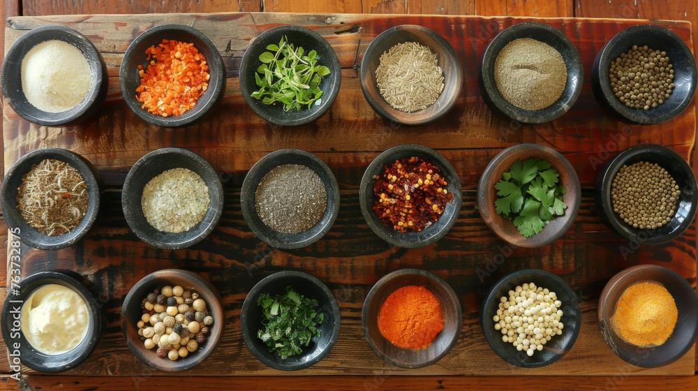 Poster a wooden table is covered with various bowls filled with different types of food, creating a vibrant