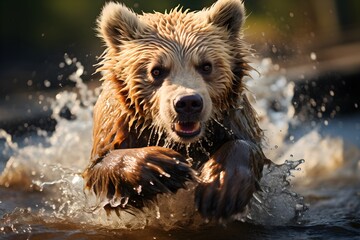 The young Kamchatka brown bear, Ursus arctos beringianus catches salmons at Kuril Lake in Kamchatka, running and playing in the water, action picture - obrazy, fototapety, plakaty