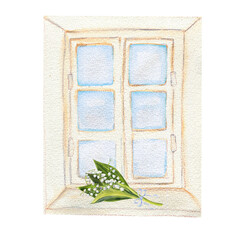 Bouquet of lily of the valley flowers lying on the window, hand drawn. Watercolor illustration of spring flowers