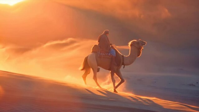 Camel and Rider. Indian camel rider pauses in the setting sun in Jaisalmer, Rajasthan