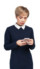 A businesswoman in formal wear using a smartphone, isolated on a white background. Professional and technology concept