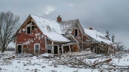 Jagged icy shards adorn the rooftops and windows of damaged farmhouses reflecting the chaotic aftermath of the hailstorm.