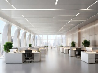 empty modern office building interior with open ceiling design. a bright and airy atmosphere, a picture of a stunning contemporary workspace design. generative ai