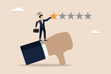 Negative feedback, one star customer feedback, poor quality user experience, low rating result or disappointment concept, unhappy people with thumbs down giving bad review stars.