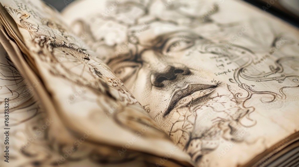 Poster a closeup of a students sketchbook filled with intricate and imaginative drawings. the pages are age
