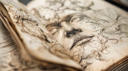 A closeup of a students sketchbook filled with intricate and imaginative drawings. The pages are aged and worn a testament to the hard work and dedication put into each piece.