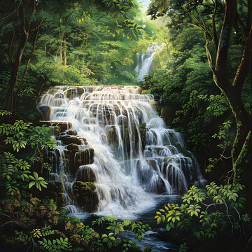 Jq Art Depicts The Mesmerizing Beauty Of A Waterfall Surrounded By Vibrant Forest Foliage