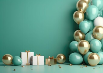 Fototapeta na wymiar A light blue and gold balloon stand with gifts on the floor against a light green background