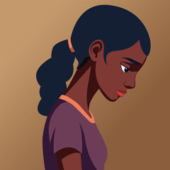A sad dark-skinned woman, with a bowed head, pictured from the side.