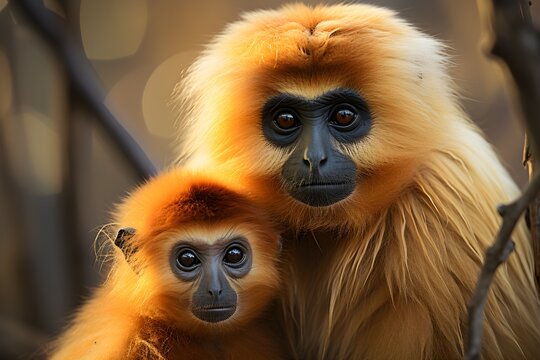 close image of Yellow Cheeked Gibbon monkey (Nomascus Gabriallae) mother with child in the forest