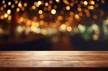 Empty wooden table top with blurred background of bar or cafe at night for product display montage, banner design.