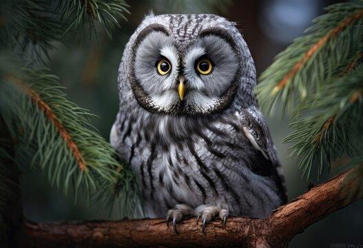 Photo of a diamond owl perched on a branch in an old growth forest. The creature has grey and white feathers with black stripes around its eyes.