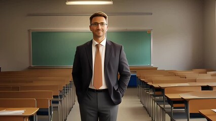 3d animation of Male teacher with smiling expression standing in classroom with copy space area. Suitable for Happy Teacher's Day videos.