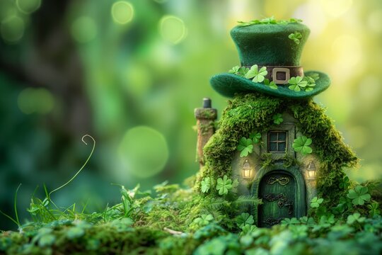 Enchanting fairy-tale moss-covered house with a green leprechaun hat, evoking whimsy and St. Patrick's Day spirit, Concept of myth, magic, and folklore