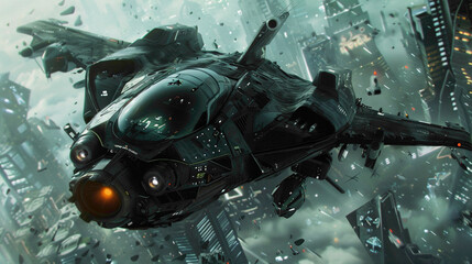 Fototapeta premium Dark Advance and futuristic spaceship shuttle which is lase with AI and advance technology.