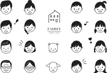 三世代の家族の顔　白黒アイコン素材セット / vector eps	