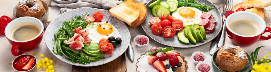 Happy breakfast table with coffee.
