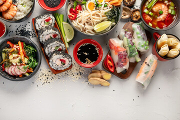 Asian food background with various ingredients.