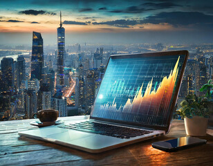 Financial chart on a laptop screen with the city at dusk in the background. In landscape format Generative AI