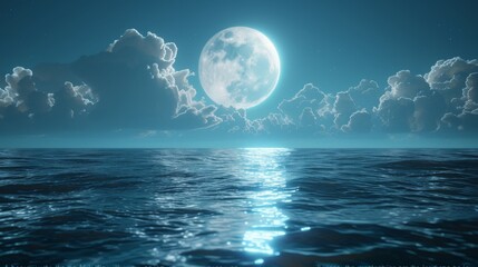  A crescent moon ascends over a watery expanse with scattered clouds above and the ocean in the fg