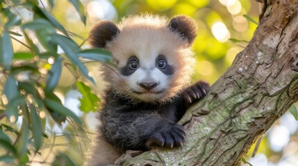  A panda bear perched high in a tree, limbs resting on branches, gazing towards the lens