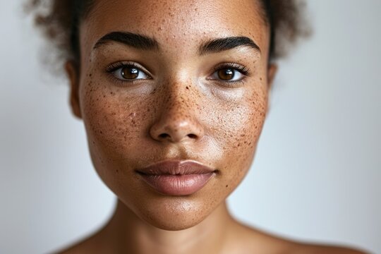 The picture of the african woman that facing at the camera, the young beautiful girl has freckles on her face, the black lady is going under facial treatment for her face to become more clean. AIGX01.