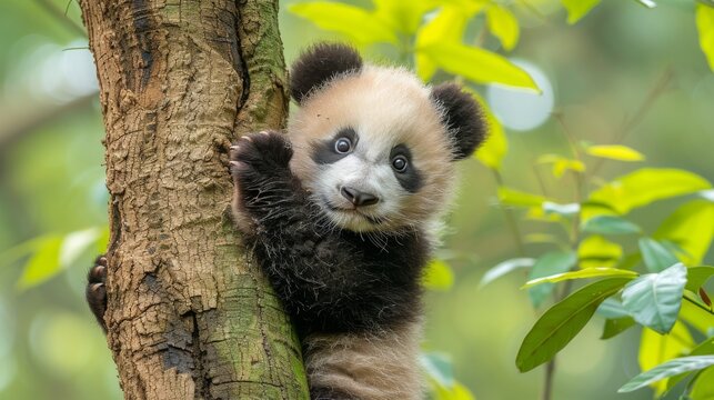  A photo of a panda bear in a tree, shot from above, with its face turned to look directly at the camera