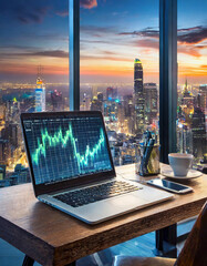 Financial chart on a laptop screen with the city at dusk in the background. In portrait format. Generative AI