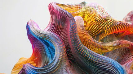 A detailed shot of a completed sculpture its surface a myriad of colors that seem to dance and move in response to unseen stimuli. The intricate contours and curves of the