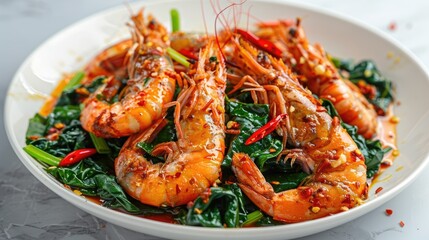 Fried prawns or shrimps with spinach, chili and garlic in white plate.