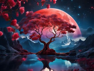 inside a water drop, there is vibrant colours, volumetric light the ethereal beauty of a mystical landscape under the red moonlight. The scene is illuminated by a large, radiant moon Generative AI
