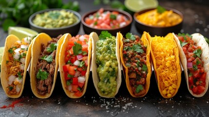  A taco party scene with bowls of salsa, guacamole, and tacos on a table