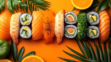  The words 'sushi', 'avocado', 'broccoli', and 'oranges' are correctly spelled - obrazy, fototapety, plakaty