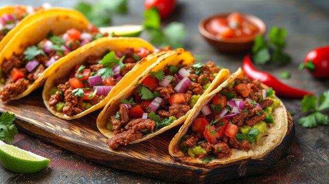  A photo depicts several tacos atop a wood-cutting board, alongside salsa and a lime