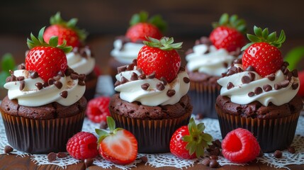  Chocolate cupcakes topped with whipped cream, chocolate chips, and strawberries on a white doily A wooden table serves as the backdrop - obrazy, fototapety, plakaty