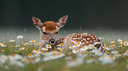  A newborn fawn resting amidst daisy flowers, with its head turned backwards