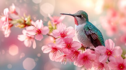  Hummingbird sits on flower-branched tree, pink flowers in foreground, blurry backdrop