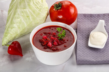 Borsch soup with cabbage and beetroot