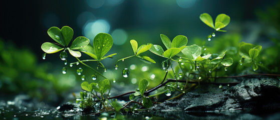 close-up green plant with dew drops with natural forest bokeh blurred view