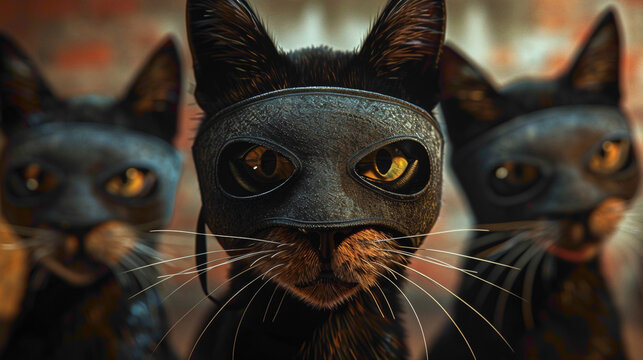 Underground dangerous Mafia cat. A closeup view of dangerous cat who wearing mask and glasses.