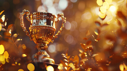 Shiny golden trophy with luminous bokeh background, competition championship success concept...