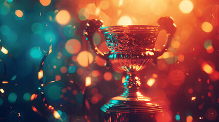 Fototapeta na wymiar Shiny golden trophy with luminous bokeh background, competition championship success concept illustration